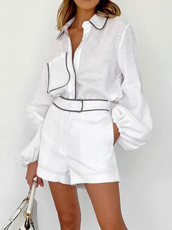 Shorts Set- Cotton Vacay Set: Balloon Sleeve Shirt + High Rise Shorts- - Pekosa Women Clothing