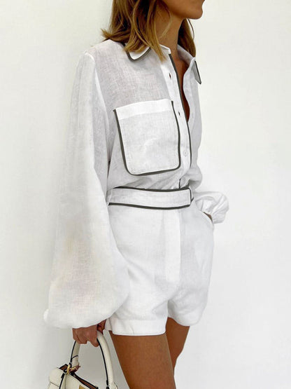 Shorts Set- Cotton Vacay Set: Balloon Sleeve Shirt + High Rise Shorts- - Pekosa Women Clothing