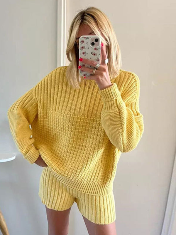 Shrots Set- Comfy Knitwear Duo: Lounge Sweater and Laid-Back Shorts- - Pekosa Women Clothing