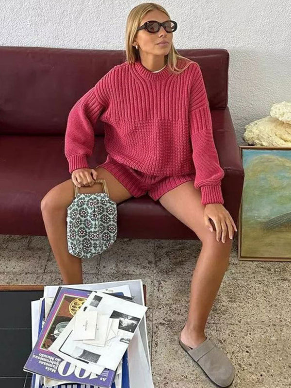 Shrots Set- Comfy Knitwear Duo: Lounge Sweater and Laid-Back Shorts- - Pekosa Women Clothing