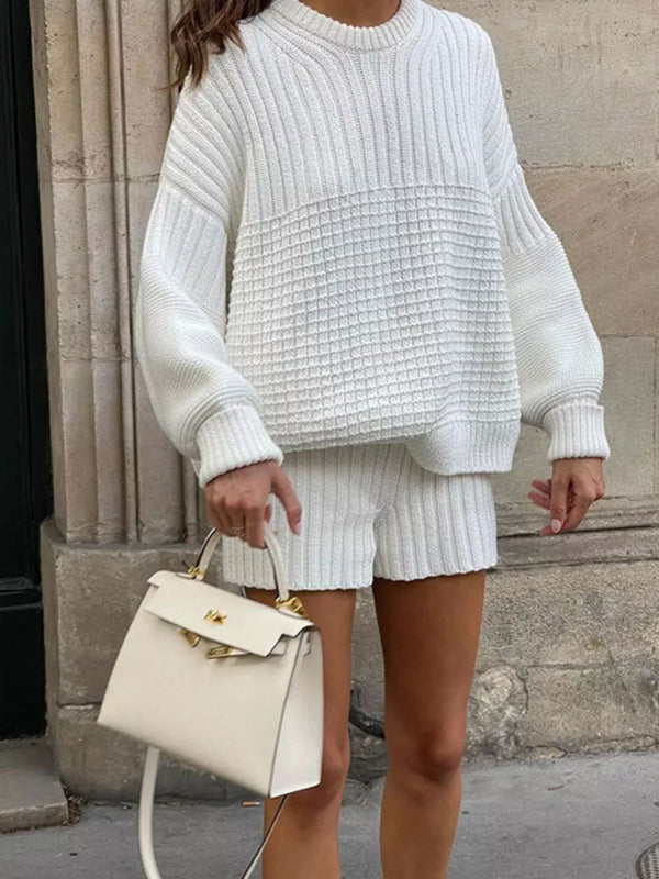Shrots Set- Comfy Knitwear Duo: Lounge Sweater and Laid-Back Shorts- - Pekosa Women Clothing