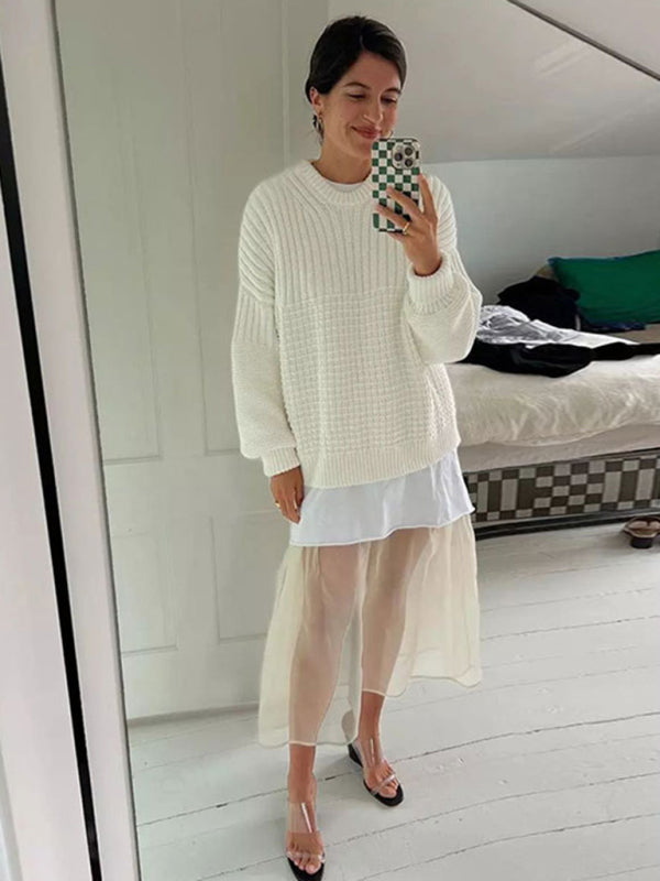 Shrots Set- Comfy Knitwear Duo: Lounge Sweater and Laid-Back Shorts- - Pekosa Women Clothing