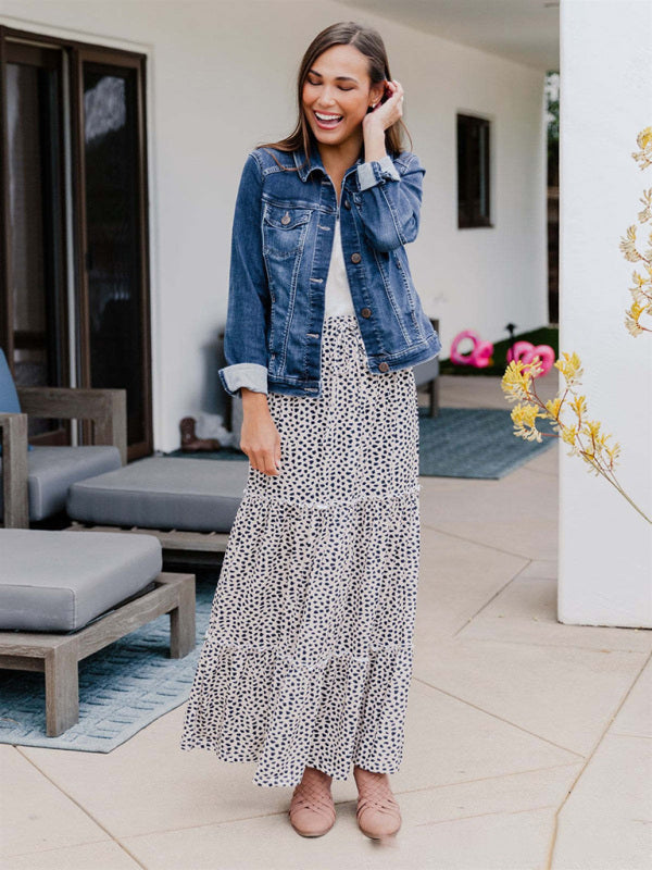 Skirt- Boho Polka Dot Tiered Waist Tie Gypsy Maxi Skirt- White- Pekosa Women Clothing