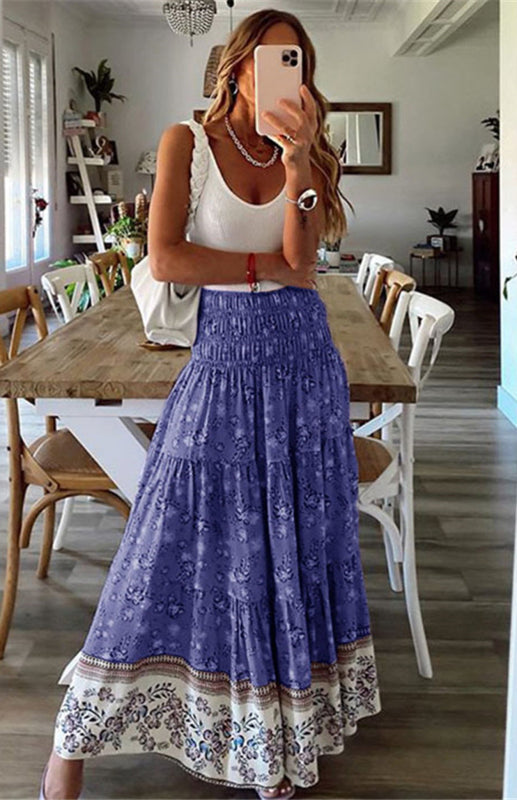Skirt- Floral Boho Tiered Ruffle Maxi Skirt- Blue- Pekosa Women Clothing