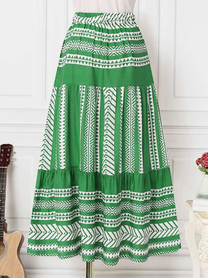 Skirt- Retro Aztec Geo Printed Tiered Ruffle Maxi Skirt- - Pekosa Women Clothing