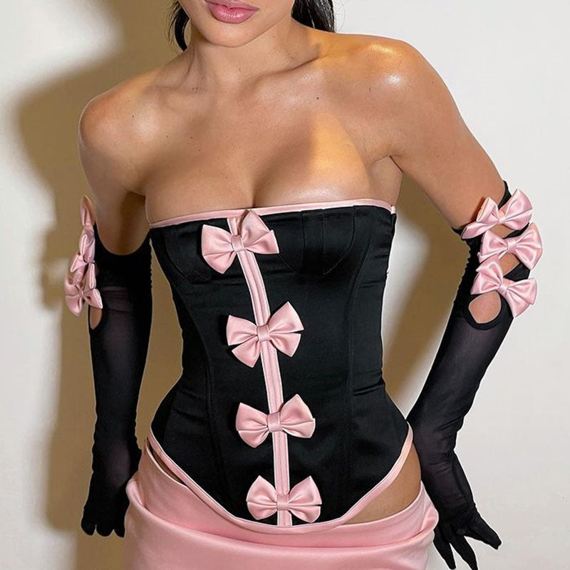Skirt Set- 3-Piece Clubbing Night Corset Top & Mini Skirt & Arm Sleeves, Bow Accents- - Pekosa Women Clothing