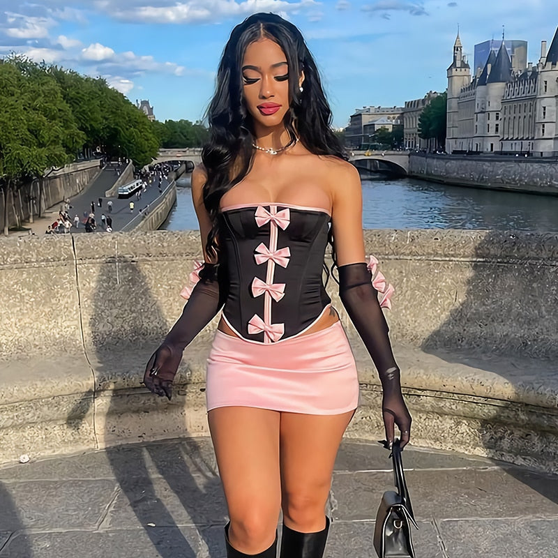 Skirt Set- 3-Piece Clubbing Night Corset Top & Mini Skirt & Arm Sleeves, Bow Accents- - Pekosa Women Clothing