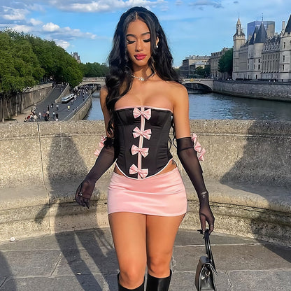 Skirt Set- 3-Piece Clubbing Night Corset Top & Mini Skirt & Arm Sleeves, Bow Accents- - Pekosa Women Clothing