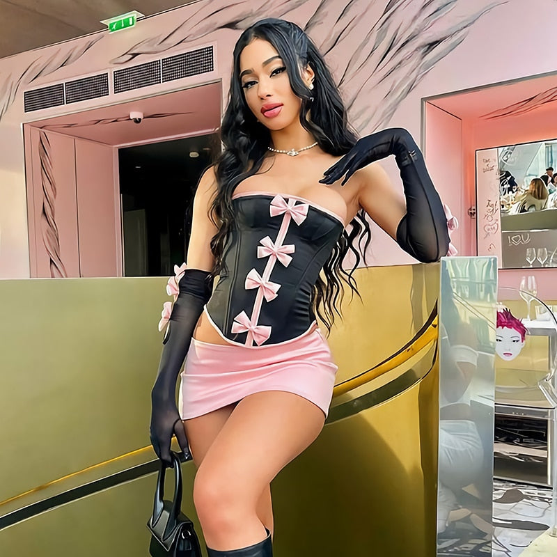 Skirt Set- 3-Piece Clubbing Night Corset Top & Mini Skirt & Arm Sleeves, Bow Accents- - Pekosa Women Clothing