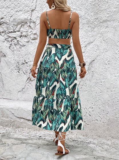 Skirt Set- Boho Vibes: Vacation Set - Cami Tank Crop + Maxi Tropical Skirt- - Pekosa Women Clothing