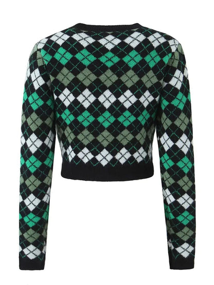 Skirt Set- Diamond Knitted Set Button-Up Crop Sweater and Mini Skirt- - Pekosa Women Clothing