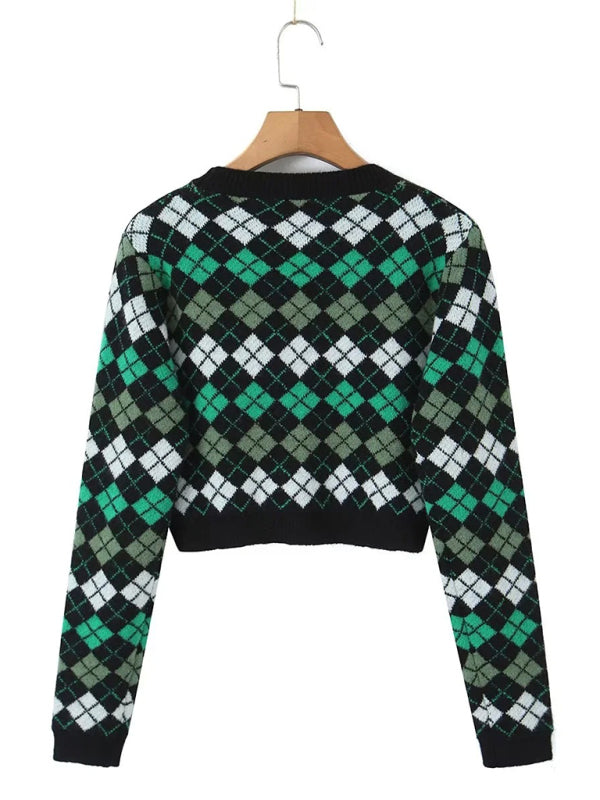 Skirt Set- Diamond Knitted Set Button-Up Crop Sweater and Mini Skirt- - Pekosa Women Clothing