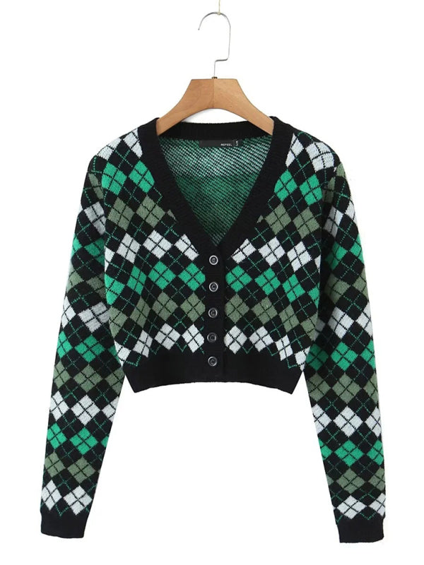 Skirt Set- Diamond Knitted Set Button-Up Crop Sweater and Mini Skirt- - Pekosa Women Clothing