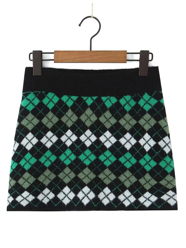 Skirt Set- Diamond Knitted Set Button-Up Crop Sweater and Mini Skirt- - Pekosa Women Clothing