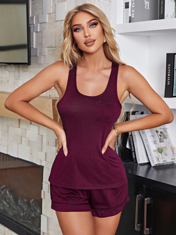 Sleepwear- Contrast Binding 2-Piece Pajamas with Tank Top and Shorts- Dark purple- Pekosa Women Clothing