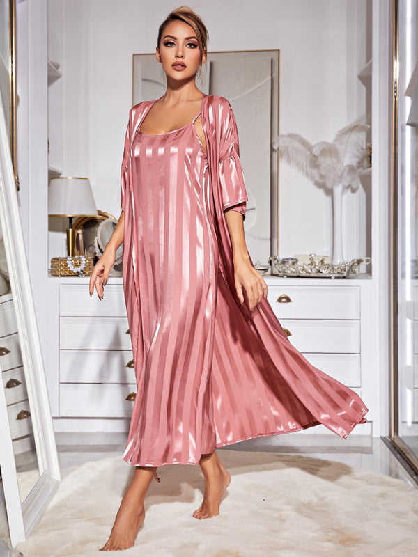 Sleepwear- Satin Striped 2-Piece Pajamas Long Chemise Nightdress with Silk Open Robe- - Pekosa Women Clothing