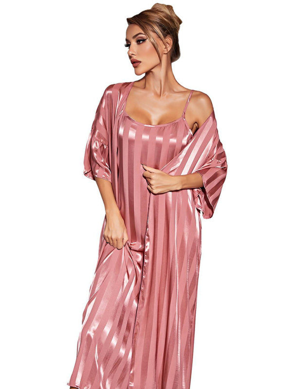 Sleepwear- Satin Striped 2-Piece Pajamas Long Chemise Nightdress with Silk Open Robe- - Pekosa Women Clothing