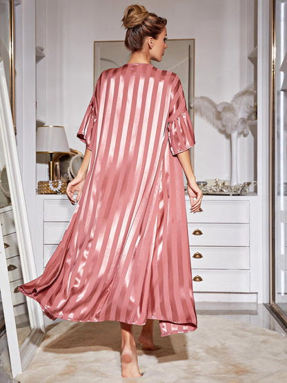 Sleepwear- Satin Striped 2-Piece Pajamas Long Chemise Nightdress with Silk Open Robe- - Pekosa Women Clothing