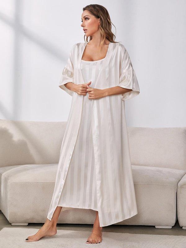 Sleepwear- Satin Striped 2-Piece Pajamas Long Chemise Nightdress with Silk Open Robe- - Pekosa Women Clothing