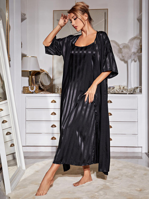 Sleepwear- Satin Striped 2-Piece Pajamas Long Chemise Nightdress with Silk Open Robe- - Pekosa Women Clothing