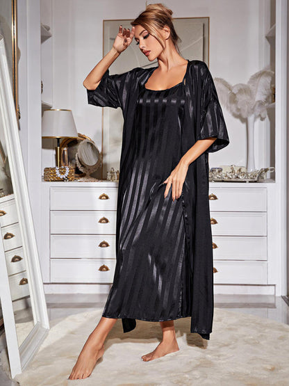Sleepwear- Satin Striped 2-Piece Pajamas Long Chemise Nightdress with Silk Open Robe- - Pekosa Women Clothing