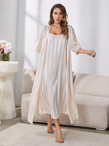 Sleepwear- Satin Striped 2-Piece Pajamas Long Chemise Nightdress with Silk Open Robe- White- Pekosa Women Clothing