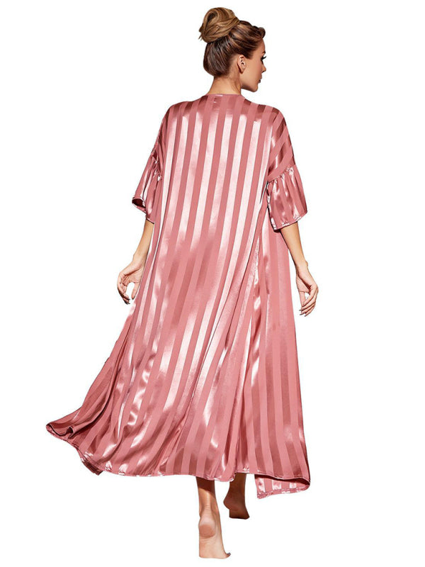 Sleepwear- Satin Striped 2-Piece Pajamas Long Chemise Nightdress with Silk Open Robe- - Pekosa Women Clothing