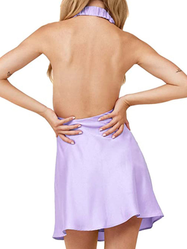Slip Dresses- Satin Hater Neck Open Back Slip Mini Dress- - Pekosa Women Clothing