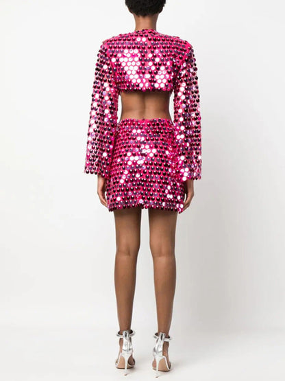 Sparkly Dresses- Sparkling Sequin Long Sleeves Backless Cutout Mini Dress- - Pekosa Women Clothing