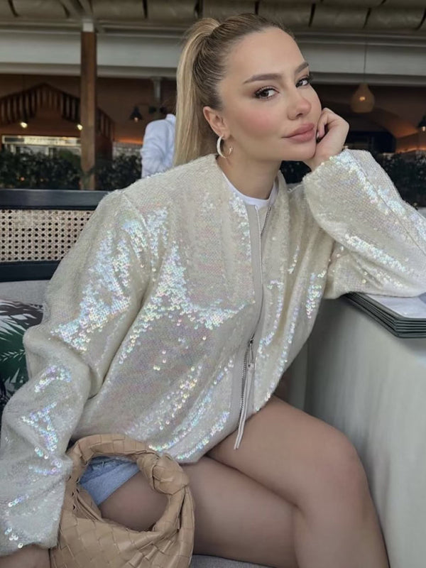 Sparkly Jackets- Glitter Sequined Zip-Up Bomber Jacket- - Pekosa Women Clothing