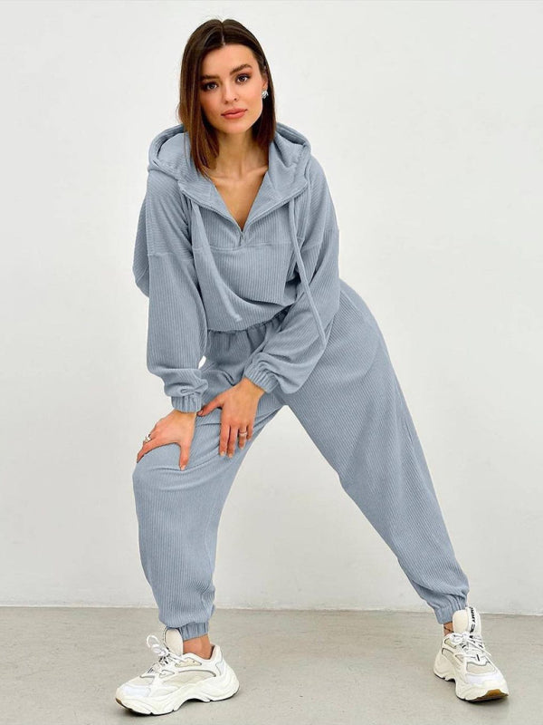 Sport Outfit- Ribbed Oversized 2-Piece Sport Outfit - Hooded Sweatshirt and Sweatpants- - Pekosa Women Clothing