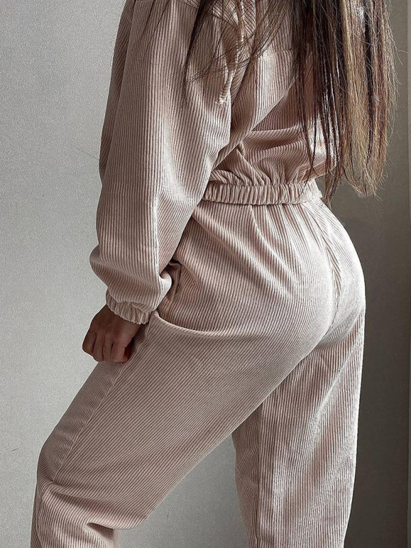 Sport Outfit- Ribbed Oversized 2-Piece Sport Outfit - Hooded Sweatshirt and Sweatpants- - Pekosa Women Clothing