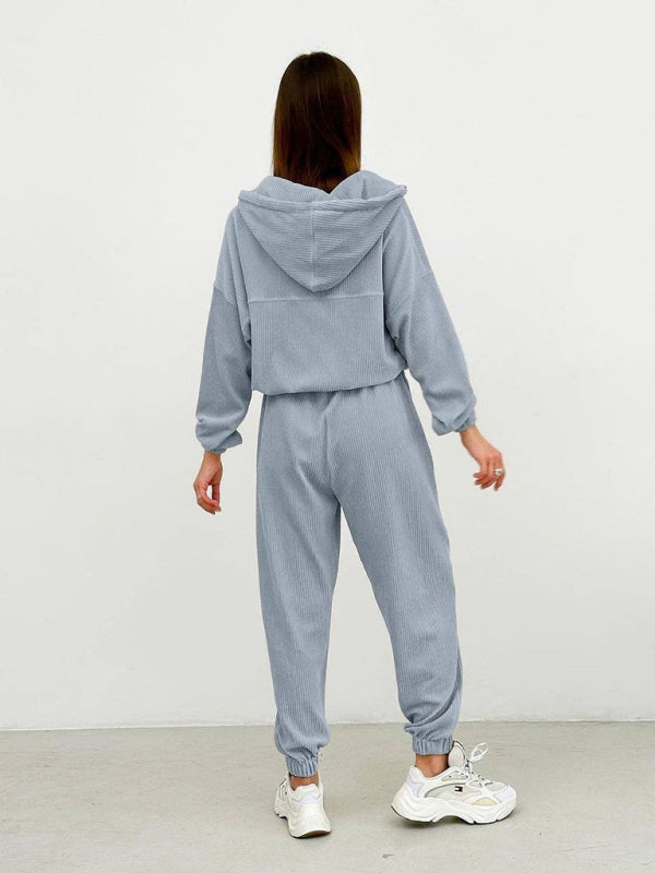 Sport Outfit- Ribbed Oversized 2-Piece Sport Outfit - Hooded Sweatshirt and Sweatpants- - Pekosa Women Clothing