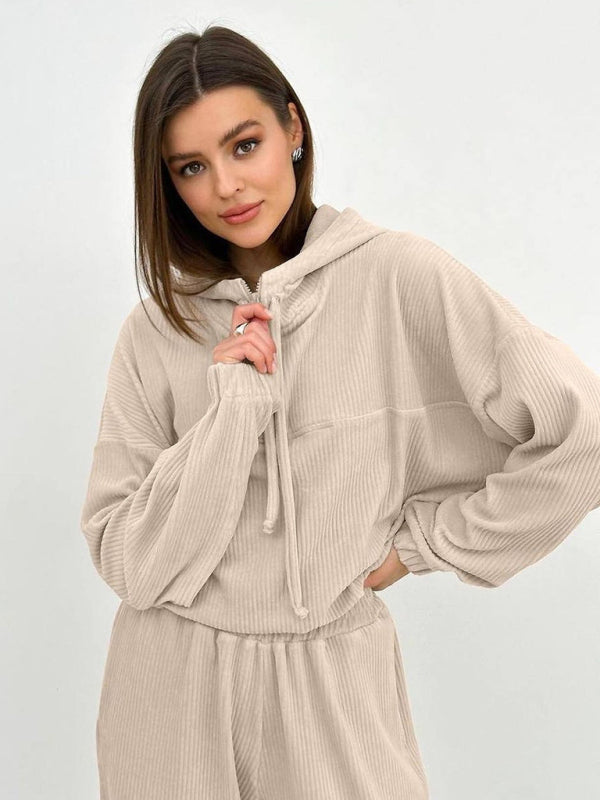 Sport Outfit- Ribbed Oversized 2-Piece Sport Outfit - Hooded Sweatshirt and Sweatpants- - Pekosa Women Clothing