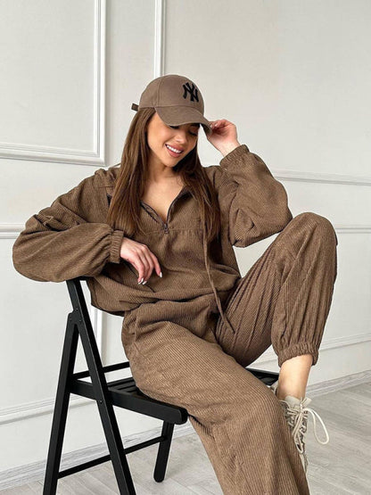 Sport Outfit- Ribbed Oversized 2-Piece Sport Outfit - Hooded Sweatshirt and Sweatpants- Coffee- Pekosa Women Clothing