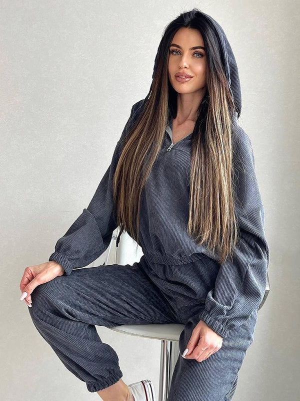 Sport Outfit- Ribbed Oversized 2-Piece Sport Outfit - Hooded Sweatshirt and Sweatpants- Charcoal grey- Pekosa Women Clothing