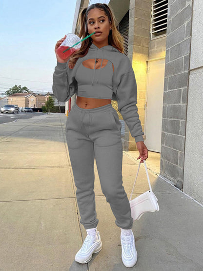 Sport Outfits- 3-Piece Bolero Sweatshirt, Tank Top, and Sweatpants Set- Charcoal grey- Pekosa Women Clothing
