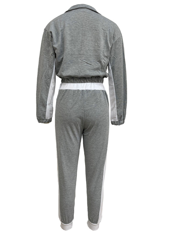 Sport Outfits- Sporty Colorblock Crop Zip-Up Sweatshirt and Pencil Sweatpants- - Pekosa Women Clothing