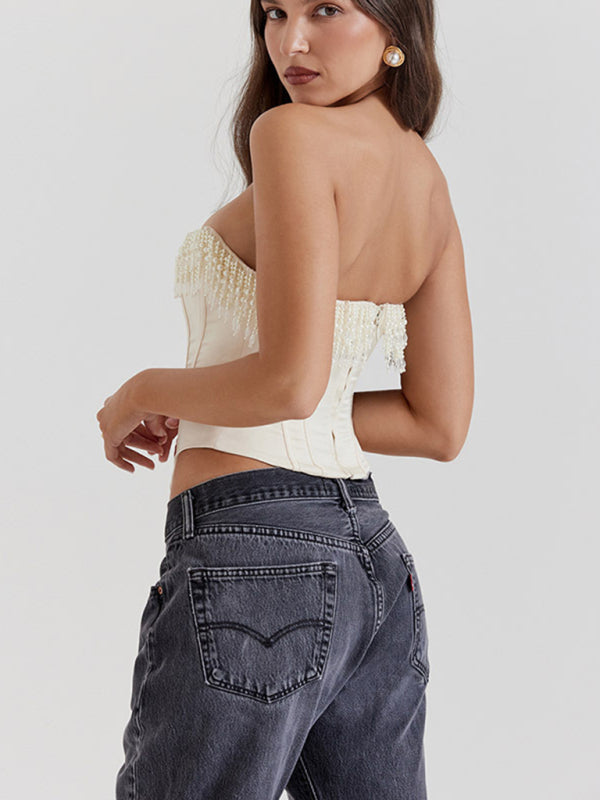 Strapless Tops- Elegant Satin Corset Strapless Tight Top with Pearls Fringe- - Pekosa Women Clothing