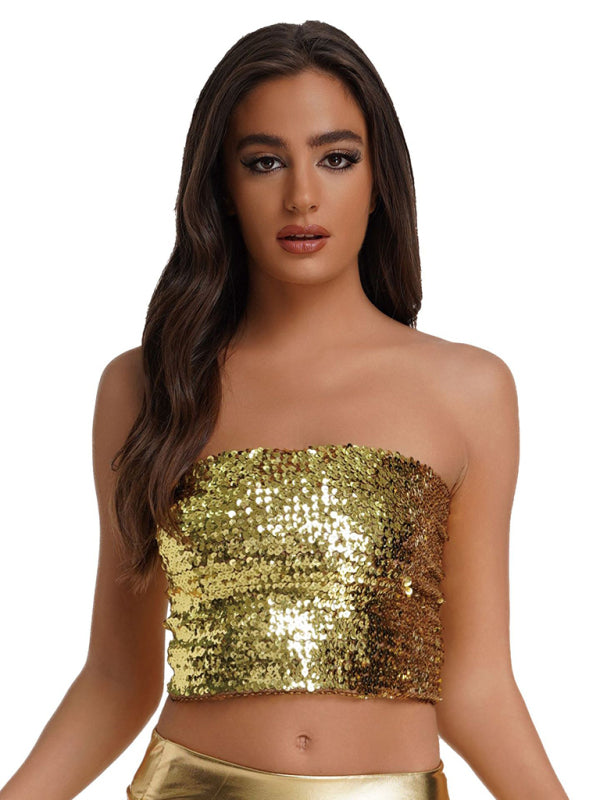 Strapless Tops- Festive Sparkle High Stretch Sequin Tube Crop Top- Yellow- Pekosa Women Clothing