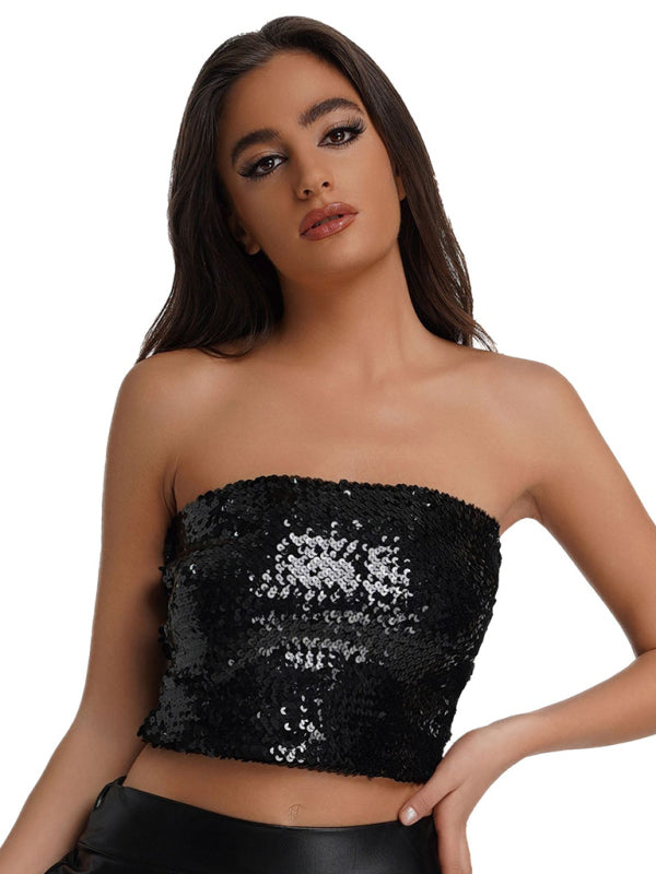 Strapless Tops- Festive Sparkle High Stretch Sequin Tube Crop Top- Black- Pekosa Women Clothing