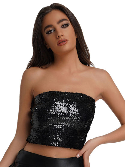 Strapless Tops- Festive Sparkle High Stretch Sequin Tube Crop Top- Black- Pekosa Women Clothing