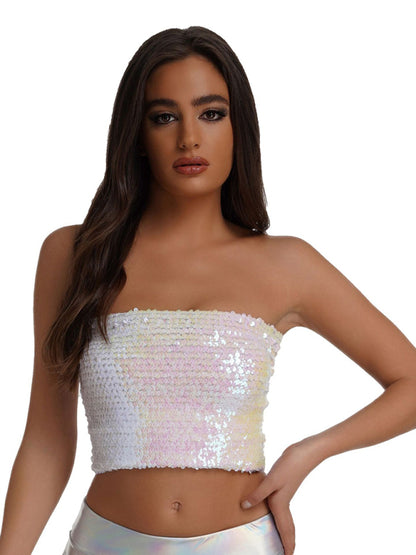 Strapless Tops- Festive Sparkle High Stretch Sequin Tube Crop Top- White- Pekosa Women Clothing