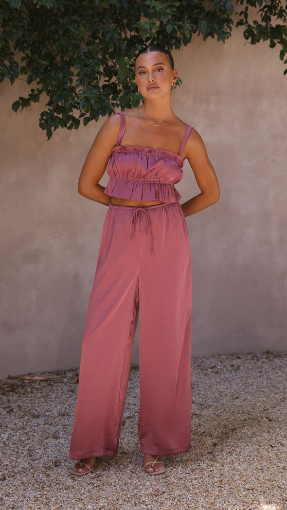 Suit - Pants and Top Set- 2-Piece Satin Casual Suit - Cami Crop Top + Pants Set- - Pekosa Women Clothing