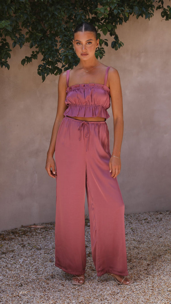 Suit - Pants and Top Set- 2-Piece Satin Casual Suit - Cami Crop Top + Pants Set- - Pekosa Women Clothing