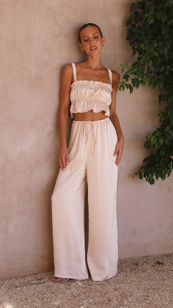 Suit - Pants and Top Set- 2-Piece Satin Casual Suit - Cami Crop Top + Pants Set- - Pekosa Women Clothing
