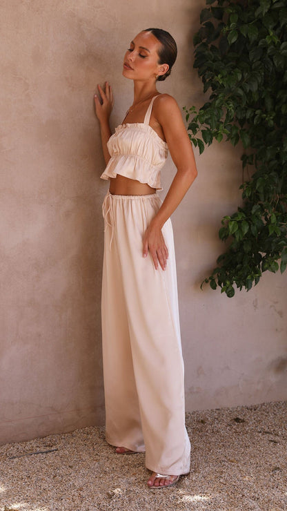 Suit - Pants and Top Set- 2-Piece Satin Casual Suit - Cami Crop Top + Pants Set- - Pekosa Women Clothing