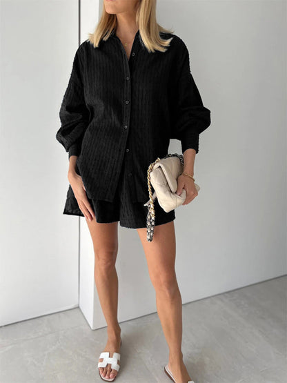 Suit - Two piece set- Textured Cotton Linen Two Piece Set : Short + Shirt- Black- Pekosa Women Clothing
