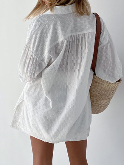 Suit - Two piece set- Textured Cotton Linen Two Piece Set : Short + Shirt- - Pekosa Women Clothing