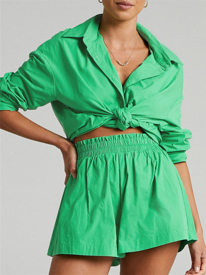 Suit - Two piece sets- Solid Cotton Set Shorts and Long Sleeve Shirt for Women- Green- Pekosa Women Clothing